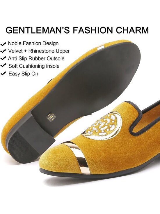XQWFH Men\'s Yellow Leather Velvet Loafers With Gold Plate Smoking Slip On Shoes main image 5